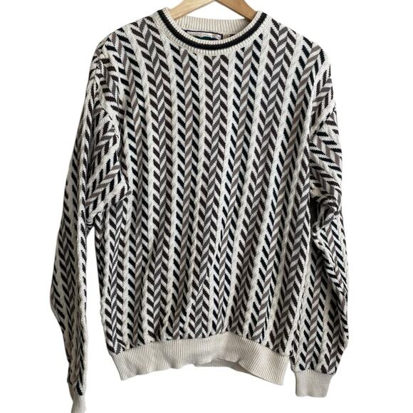 Shenandoah Sweater Mens Medium Cream Brown Black Geometric Knit Made in USA - Picture 1 of 8